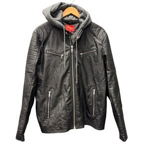 Guess Moto Jacket Faux Leather Zip Out Hoodie Liner Black Mens Large‎